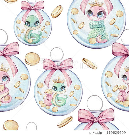 Snakes with coins, for a cheerful and festive home decor this season. Holiday watercolor seamless pattern, Ornaments. Symbol wealth of Chines New Year 2025 in cute cartoon style for souvenirs 119629499