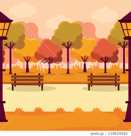 Autumn park with benches and street lamps, Vector 119629562