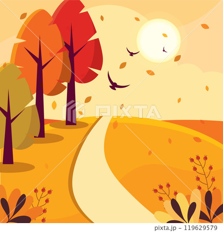 Autumn path with trees and flying birds at sunset, Vector 119629579