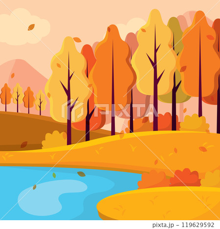 Autumn forest near river with colorful trees and leaves, Vector 119629592