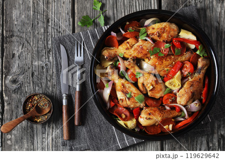 Basque Chicken Pepper Artichoke and Chorizo Saute 119629642