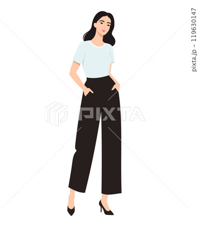 Vector illustration of a girl in a casual look with a white short-sleeved top and black pants. Simple casual Vector illustration of a girl in a casual look with a white short-sleeved top and black pants. Simple casual 119630147
