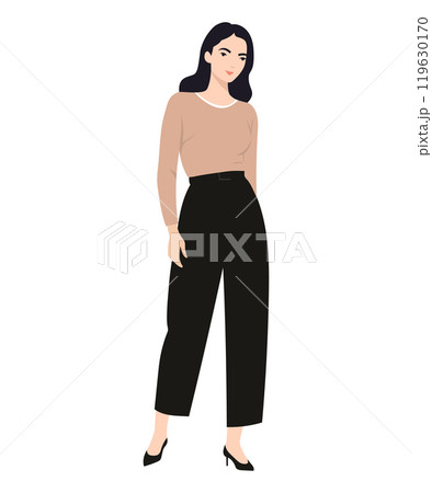 Vector illustration of a girl in a cozy beige sweater and black pants. Suitable for autumn looks. 119630170
