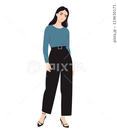 Vector illustration of a girl in a blue sweater and black pants. Cozy and minimalistic autumn style. 119630171