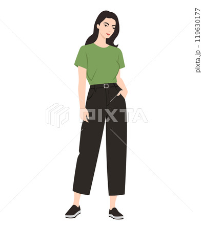Vector illustration of a girl with a mint t-shirt and black pants. Simple casual Vector illustration of a girl with a mint t-shirt and black pants. Simple casual 119630177