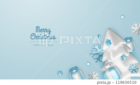 Happy New Year and Merry Christmas. Christmas holiday background with realistic 3d objects, Gift boxes, Christmas balls, snowflakes, conical metal stars. 119630510