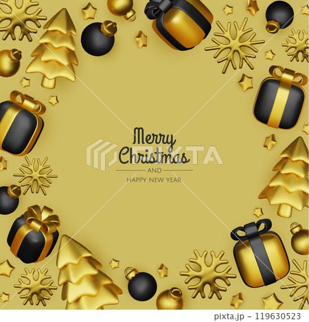 Christmas winter festive composition. Colorful Xmas background realistic 3d decorative design objects, christmas tree, gift boxes, xmas ball, gold confetti. Happy New Year. Vector illustration 119630523