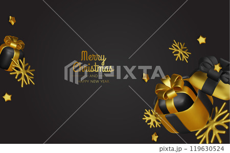 Christmas winter festive composition. Colorful Xmas background realistic 3d decorative design objects, christmas tree, gift boxes, xmas ball, gold confetti. Happy New Year. Vector illustration Christmas winter festive composition. Colorful Xmas background realistic 3d decorative design objects, christmas tree, gift boxes, xmas ball, gold confetti. Happy New Year. Vector illustration 119630524