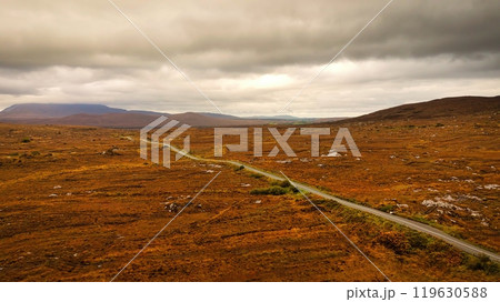 Glenveagh National Park in Donegal Ireland aerial view - The breathtaking landscape features rolling Glenveagh National Park in Donegal Ireland aerial view - The breathtaking landscape features rolling 119630588