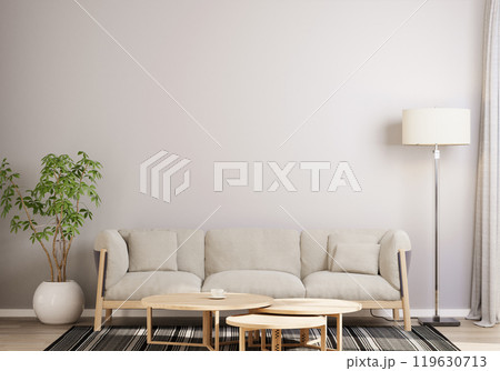 Minimalist Living Room with Beige Sofa and Wooden Tables. 3D render 119630713