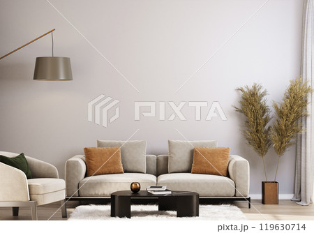 Modern Living Room with Beige Sofas and Brown Cushions. 3D render Modern Living Room with Beige Sofas and Brown Cushions. 3D render 119630714
