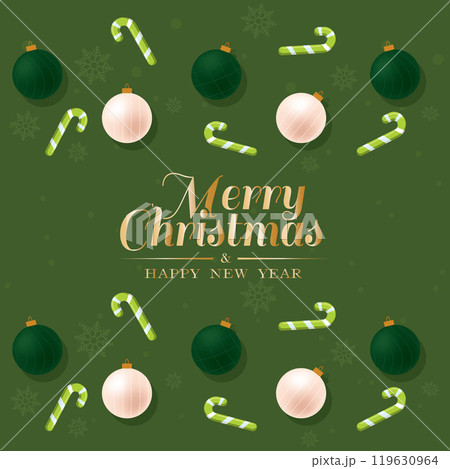 Christmas card with candy canes and ornaments on green, Vector 119630964