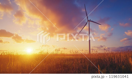 夕焼けと風力発電の風景 夕焼けと風力発電の風景 119631041
