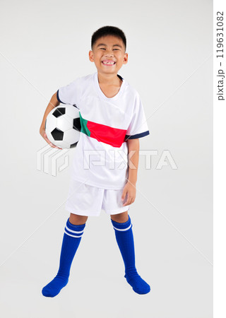 Portrait Asian smiling young boy kids holding soccer ball studio shot isolated white background, celebrating happy cute child player football, sport hobby for kids, leisure games Portrait Asian smiling young boy kids holding soccer ball studio shot isolated white background, celebrating happy cute child player football, sport hobby for kids, leisure games 119631082