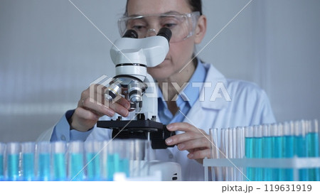 A female scientist, wearing a lab coat and safety glasses, is adjusting a binocular microscope surrounded by test tubes in laboratory setting. Medicine and science 119631919