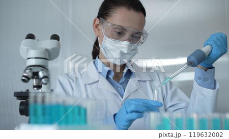 Scientist woman researcher, wearing a lab coat, mask, blue gloves and safety glasses, is using a micropipette to drop a liquid into a test tube, portrait view. Medicine and science concept 119632002