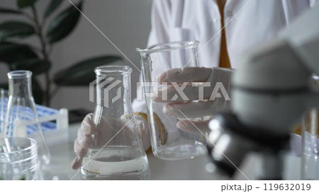 Unknown scientist with a lab coat and white protective gloves is carefully pouring a liquid from a beaker into an Erlenmeyer flask, close up. Science and medicine concept 119632019