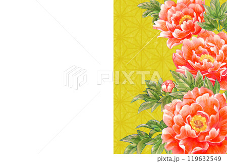 牡丹の花の手描き素材はがきテンプレート　和風・中華風 119632549