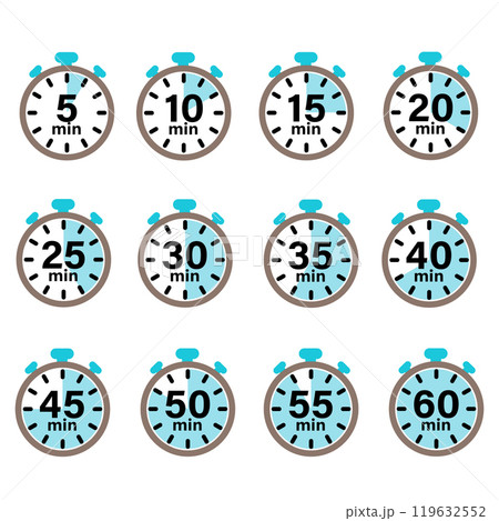 5, 10, 15, 20, 25, 30, 35, 40, 45, 50, 55, 60 min, Timer, clock, stopwatch set icons. Countdown timer symbol. Cooking time. Minute timer icon. flat style. 5, 10, 15, 20, 25, 30, 35, 40, 45, 50, 55, 60 min, Timer, clock, stopwatch set icons. Countdown timer symbol. Cooking time. Minute timer icon. flat style. 119632552