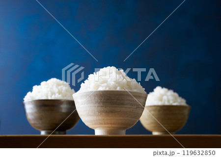 茶碗に盛り付けた大盛りのご飯 119632850