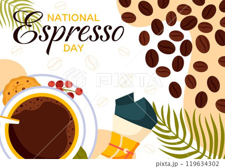 National Espresso Day Celebration Vector Illustration on November 23 Featuring a Coffee Cup and Beans in a Flat Style Cartoon Background National Espresso Day Celebration Vector Illustration on November 23 Featuring a Coffee Cup and Beans in a Flat Style Cartoon Background 119634302