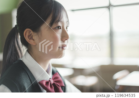 ポニーテールの日本人の女子中学生の横顔 119634535