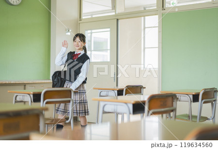 朝、教室に入ってきた日本人の女子中学生 朝、教室に入ってきた日本人の女子中学生 119634560