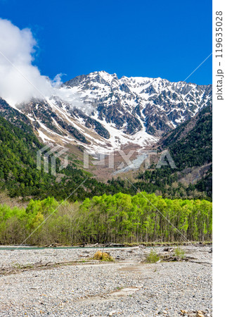 初夏の北アルプス登山　上高地から梓川左岸道を歩く　小梨平から見上げる奥穂高岳 119635028