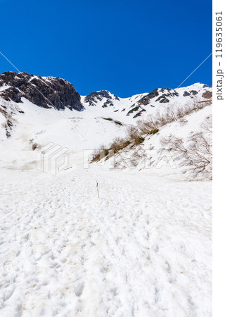 初夏の北アルプス槍ヶ岳の残雪期登山　大曲から見上げる中岳と天狗岩 119635061