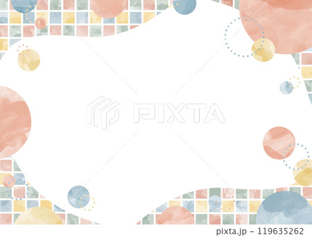 ポップなデザインの背景フレーム、円と四角の模様、水彩カラー 119635262