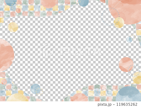ポップなデザインの背景フレーム、円と四角の模様、水彩カラー 119635262