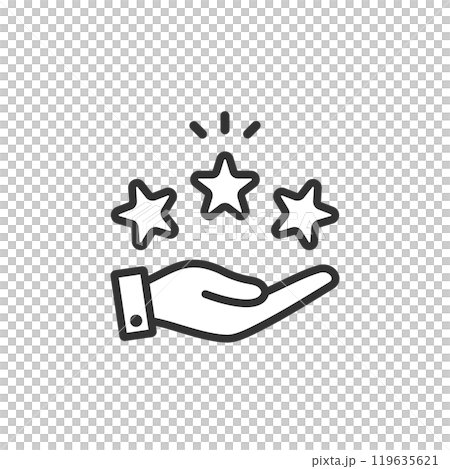 Shining three-star icon on the palm of a hand (line drawing, black and white) 119635621