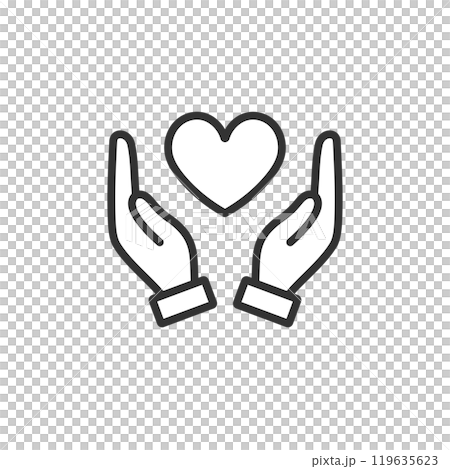 Heart icon wrapped in palm (black and white, line drawing) 119635623