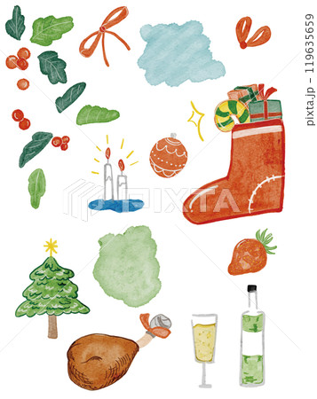 水彩で描いたクリスマスデザイン挿絵素材セット 119635659