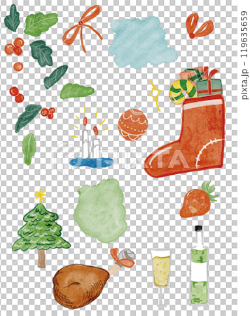水彩で描いたクリスマスデザイン挿絵素材セット 119635659