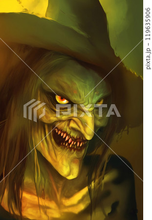 Spooky and scary witch with glowing eyes and a sinister smile, wearing a dark hat, illuminated in ominous green lighting. Perfect for Halloween themes and card inspired designs 119635906