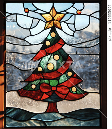 ステンドグラスの窓に描かれたクリスマスツリー AI画像の