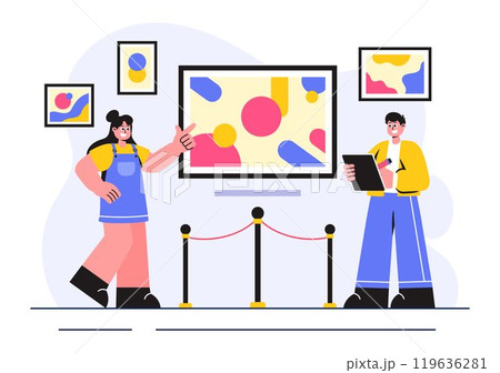 Photo Gallery Vector Illustration featuring Museum Visitors Viewing an Exhibition of Modern Abstract Paintings and Pictures in a Contemporary Design 119636281