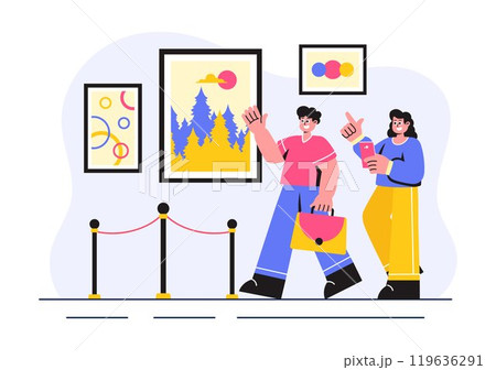 Photo Gallery Vector Illustration featuring Museum Visitors Viewing an Exhibition of Modern Abstract Paintings and Pictures in a Contemporary Design 119636291