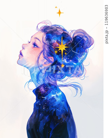 女性の横顔 版画 青色 星空と見上げる女性の横顔のイラスト素材 [119636983] - PIXTA