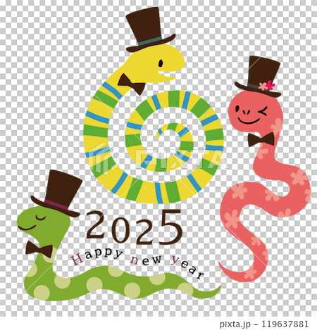 Set of three cute snake vector illustrations with top hats and bow ties 119637881