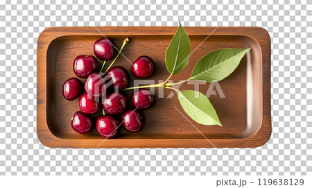 Flatlay fresh cherries colorful in a wooded tray on white isolated background. Flatlay fresh cherries colorful in a wooded tray on white isolated background. 119638129