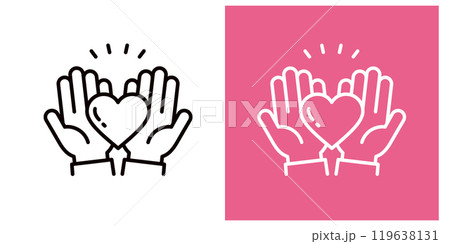愛や心を表すハートを持つ両手のアイコンセット＿太いアウトライン＿手のひら＿びっくり 119638131