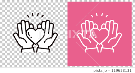 愛や心を表すハートを持つ両手のアイコンセット＿太いアウトライン＿手のひら＿びっくり 119638131