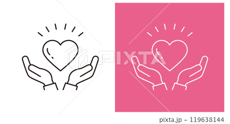 ハートを持つ両手のアイコンセット＿細い線＿編集可能なストローク＿水平＿びっくり 119638144