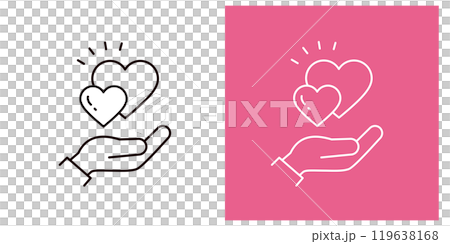 Icon set of one hand holding two hearts _ Thin outline _ Editable stroke _ Surprise 119638168