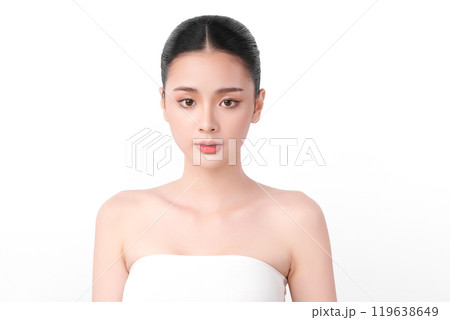 Beautiful young asian woman with clean fresh skin on white background, Face care, Facial treatment, Cosmetology, beauty and spa, Asian women portrait. Beautiful young asian woman with clean fresh skin on white background, Face care, Facial treatment, Cosmetology, beauty and spa, Asian women portrait. 119638649