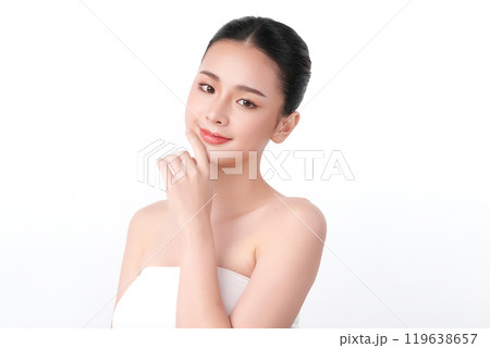 Beautiful young asian woman with clean fresh skin on white background, Face care, Facial treatment, Cosmetology, beauty and spa, Asian women portrait. 119638657