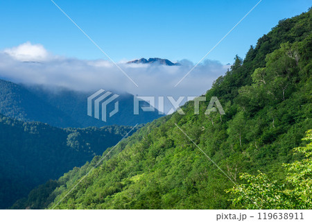 小池新道のチボ岩から見る焼岳　北アルプスの双六岳の登山 119638911