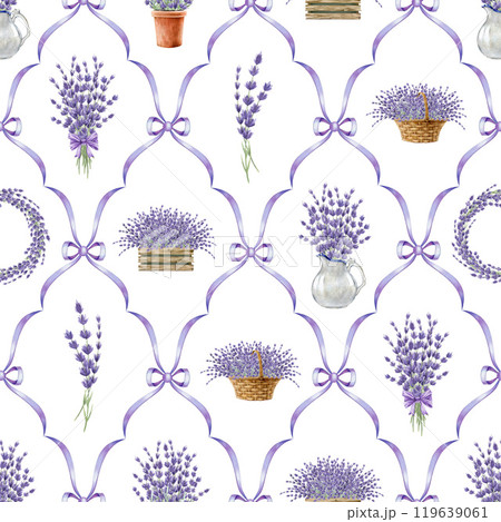 Lavender flower decor elegant seamless pattern. Watercolor vintage style illustration. Hand drawn lavandula bouquet, arrangement, wreath elements. Lavender flowers rustic style seamless ornament 119639061